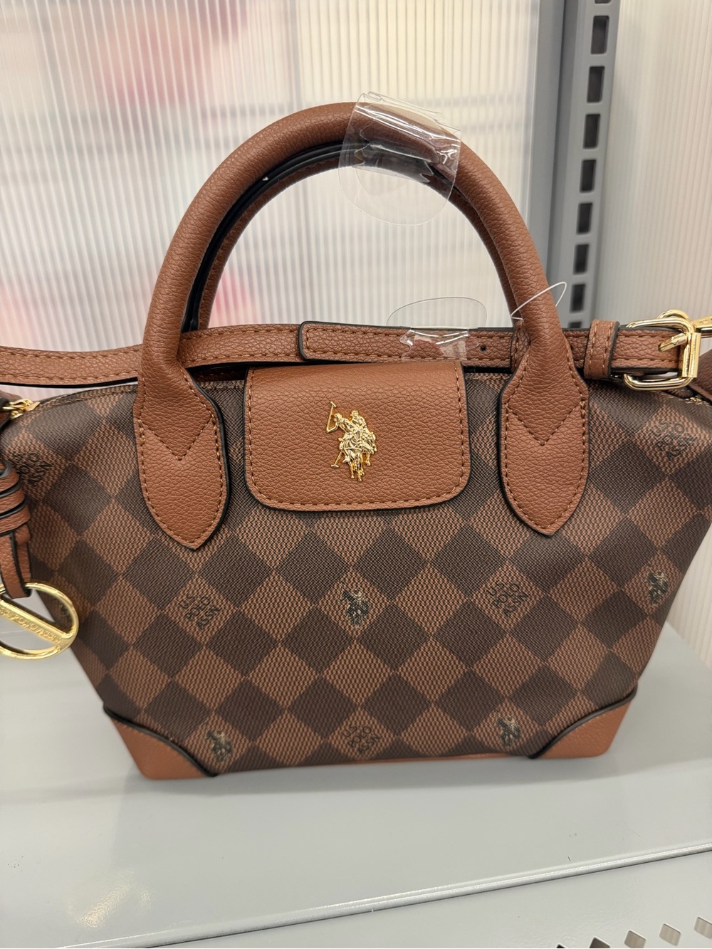 Brown Checkered Top-Handle Women's Satchel